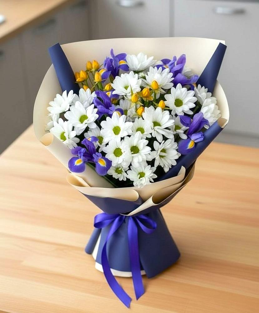 Букет цветов из: Розы, Ирисы и Хризантемы в Иноземка