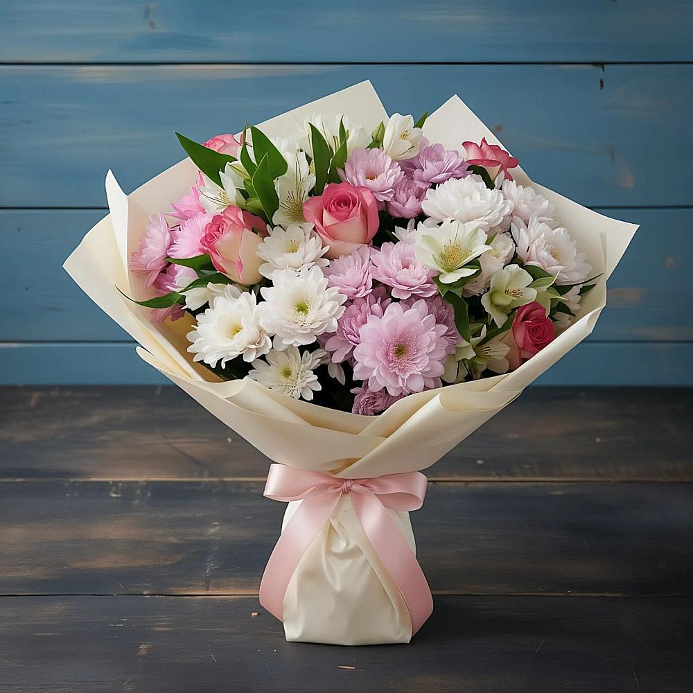 Букет цветов из: Хризантемы, Альстромерии и Розы в Иноземка